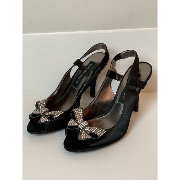 Steve Madden Luxe Black Satin Sling Back Heels Rhinestone Bow Toe US 6.5 - Picture 13 of 15
